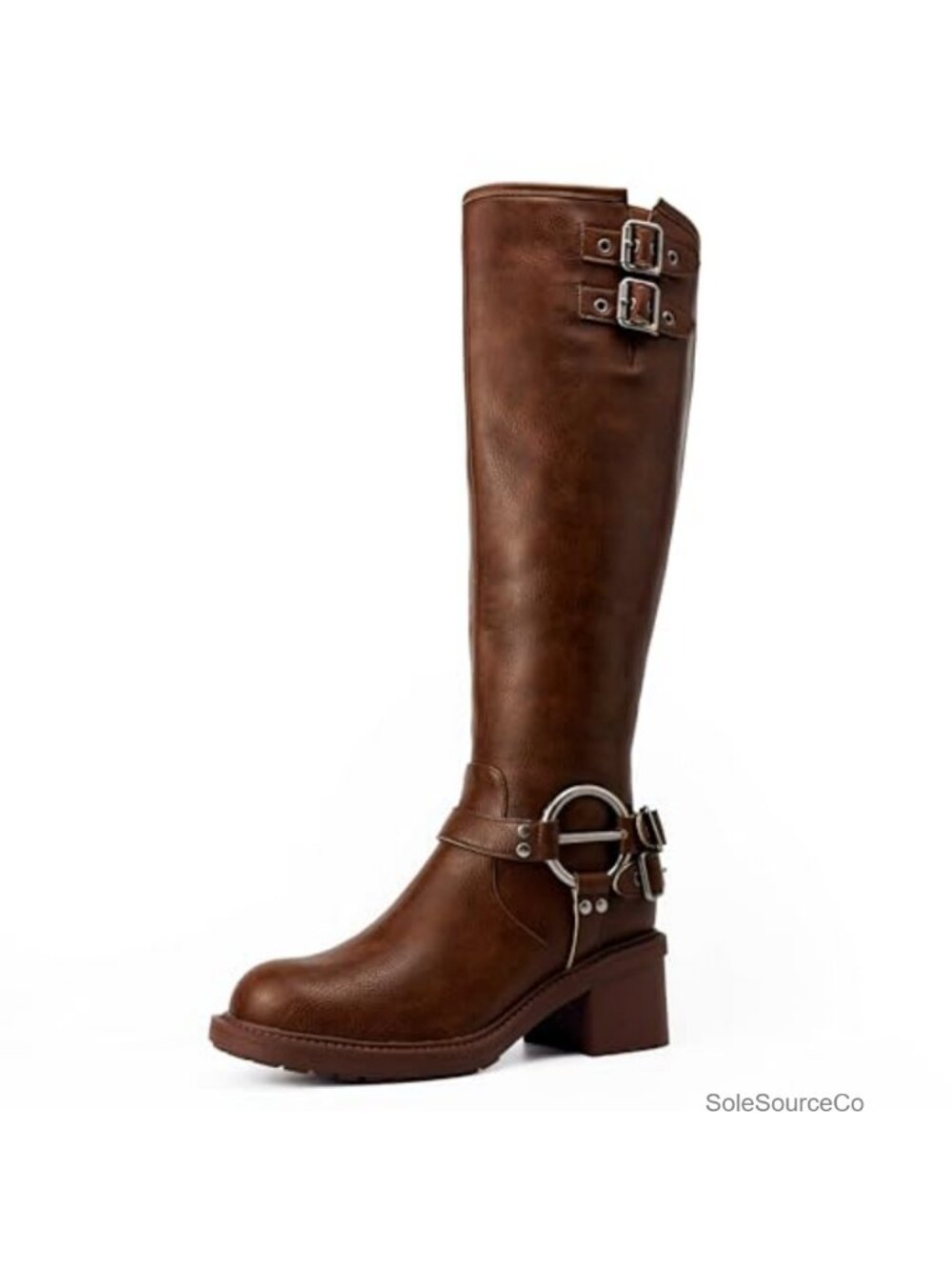 Knee High Boots Chunky Heel Wide Calf Faux Leather Tall Round Toe Side Zip